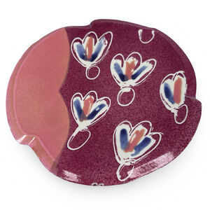 Vintage Susan Icove Redware Pottery Plate 8.5" Folk Art Floral Abstract Red Pink